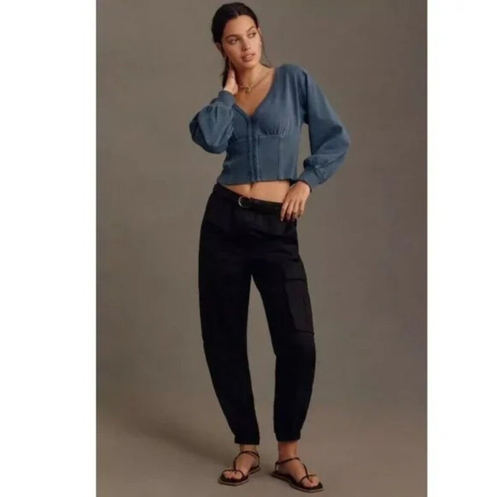 Pilcro Anthropologie Long-Sleeve Cropped Sweatshirt Blouse Cotton Top S 273077 - Picture 2 of 7